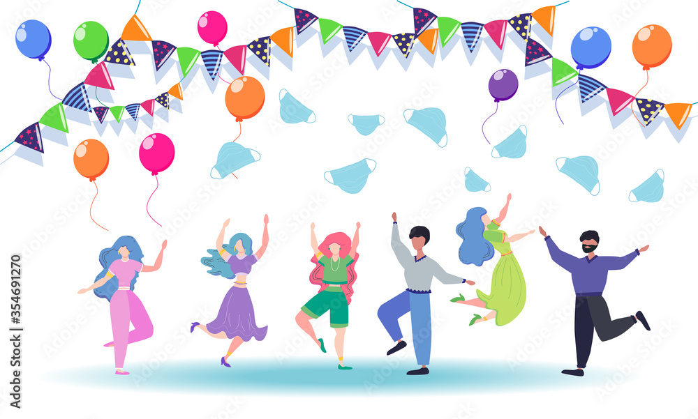 Fototapeta premium Concept of ending pandemic. People celebrate the end of quarantine, throw masks in the air. coronavirus epidemic covid-19. Banner. Ending quarantine. Quarantine canceled.