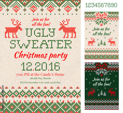 Ugly Sweater Christmas Party cards. Knitted pattern. Scandinavian style deers