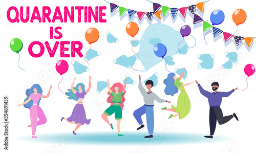 Concept of ending pandemic. People celebrate the end of quarantine  throw masks in the air. coronavirus epidemic covid-19. Banner. Ending quarantine. Quarantine canceled.