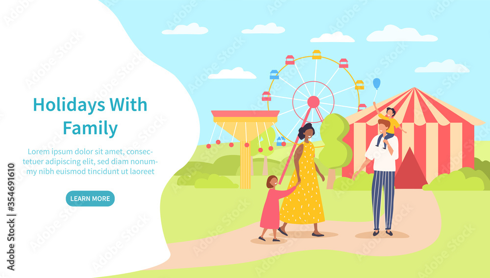 Holidays with family illustration concept with multiracial parents with young children spending time in amusement park Holidays with family illustration concept with multiracial parents with young children spending time in amusement park