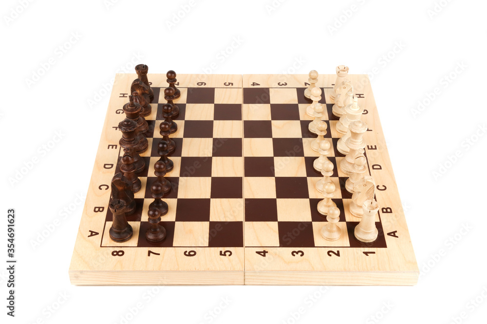 chessboard with chess pieces on a white background chessboard with chess pieces on a white background