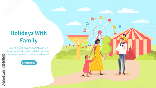 Holidays with family illustration concept with multiracial parents with young children spending time in amusement park