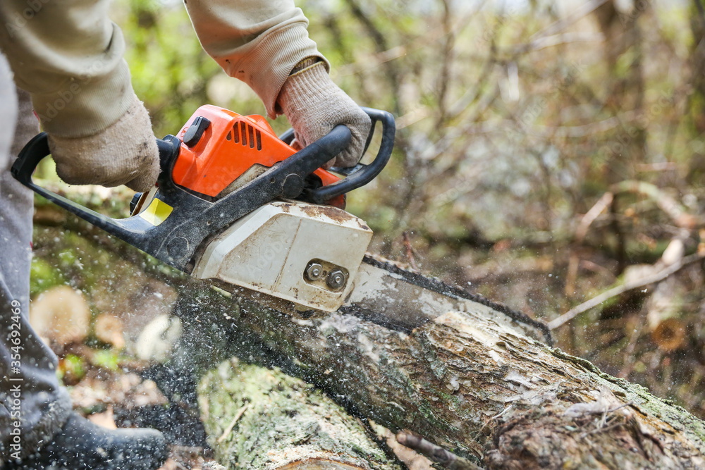 sawing orange chainsaw close up sawing orange chainsaw close up