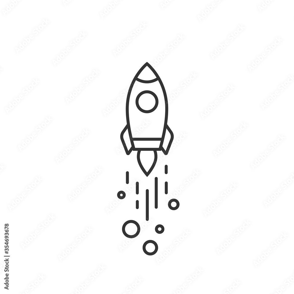 Outline rocket ship with fire. Isolated on white. Flat line icon. Vector illustration with flying rocket. Outline rocket ship with fire. Isolated on white. Flat line icon. Vector illustration with flying rocket.