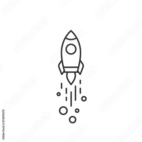 Outline rocket ship with fire. Isolated on white. Flat line icon. Vector illustration with flying rocket.
