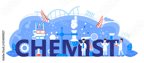 Chemist online learning concept. Biological technology, biotechnology science vector. Scientists study microorganisms in microscope. Medical research illustration for homepage, horizontal banner.