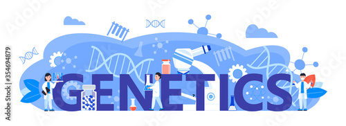 Geneticist concept vector for header website. Innovation, scientific research and online studying. Chemistry, medicine researchers are working. Scientists study microorganisms in microscope.