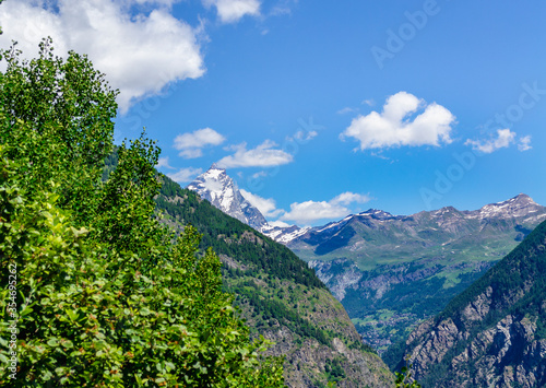 Panorama with the snow-capped Mount Cervino in Valtournenche (Aosta, Italy).