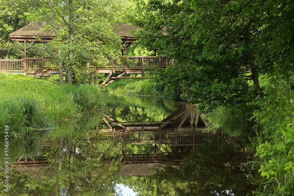 Old wooden bridge in Palace Park in Bialowieza in Poland