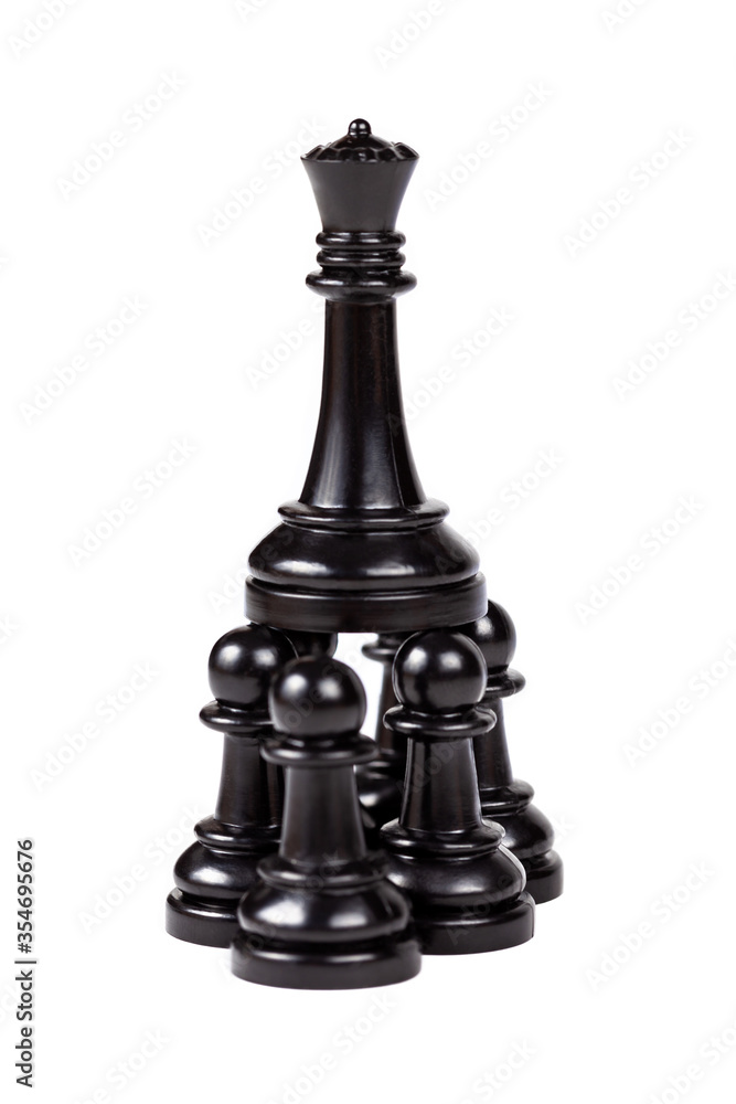 Group of pawns holding up, carrying the queen on shoulders, black chess pieces isolated on white, cut out. Leader, feminine leadership, strength and power, royalty, victor / winner abstract concept Group of pawns holding up, carrying the queen on shoulders, black chess pieces isolated on white, cut out. Leader, feminine leadership, strength and power, royalty, victor / winner abstract concept