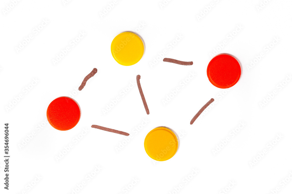 Simple small decentralized network with four circle nodes and connections Simplified minimalistic web diagram, linked lements isolated on white P2P, peer to peer connectivity internet abstract concept Simple small decentralized network with four circle nodes and connections Simplified minimalistic web diagram, linked lements isolated on white P2P, peer to peer connectivity internet abstract concept