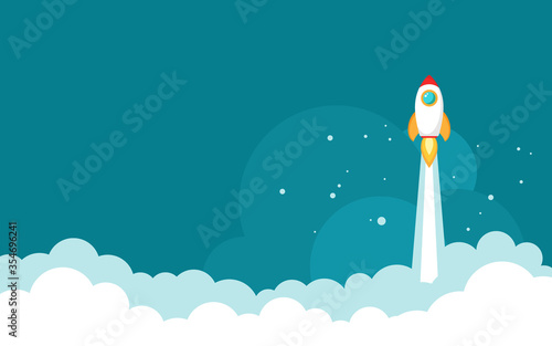 Rocket ship with space, sky clouds and stars on blue background.
