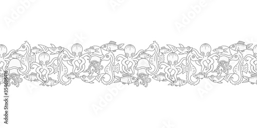 Outline underwater animals seamless border. Octopus, shark, jellyfish, fish, seahorse in water. Sketch hand drawing art line. Coloring page book. Outline sea life. Vector stock illustration. EPS 10