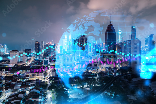 Canvas Print FOREX graph hologram, aerial night panoramic cityscape of Kuala Lumpur
