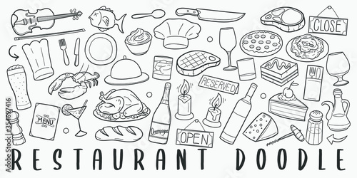 Restaurant Doodle Line Art Illustration. Hand Drawn Vector Clip Art. Banner Set Logos.