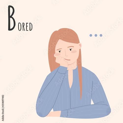 Alphabet Emotions concept. Female character bored and frustrated. Letter B - Bored. Vector cartoon illustration