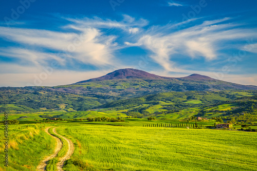 Landscape in Val d'Orcia valley of Tuscany in spring time, Italy.