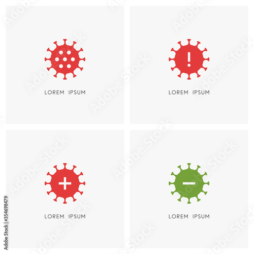 Covid-19 symbol set. Coronavirus or sars virus, exclamation point, plus and minus sign - positive and negative medical tests, warning information and danger of infection icons.