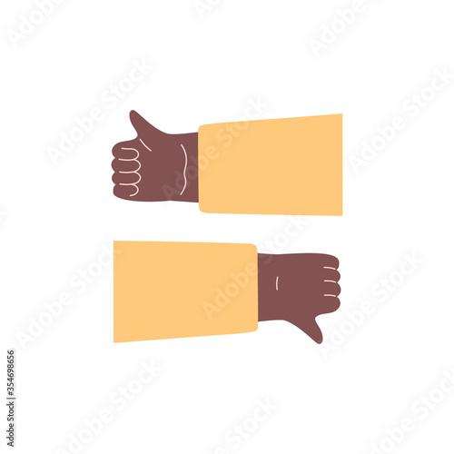 Brown skin color hand gestures - like and dislike isolated on white.