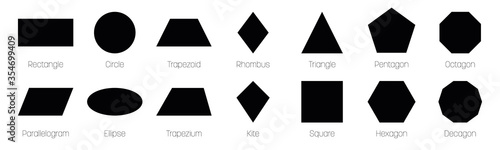 Geometric shapes with labels. Set of 14 basic shapes. Simple flat vector illustration