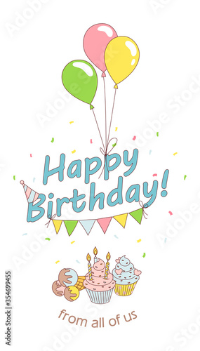 Happy birthday party greeting card invitation funny lettering with birthday cupcakes, ice-cream, flying baloons , decoration. Line flat design kid's style