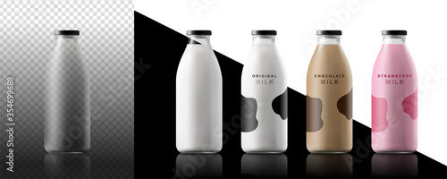 Realistic milk bottles. Blank glass bottle drink water juice packaging empty mock up container vector template photo