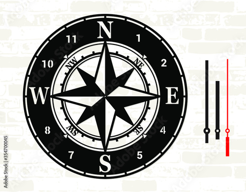 Laser cutting template. Nautical wall clock. Compass wind rose design element. Vector stencil. Simple clock face with arabic numerals. Silhouette of dial isolated.