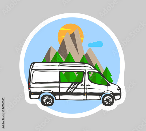 Van Life sticker. White van with forest and mountains in the background. Living van life, camping in the nature, travelling. Vector illustration.