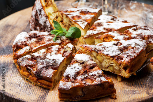 Authentic sponge cake with raisins, cinnamon and apples. Morning atmospheric lighting, fashionable trendy spot soft focus. Preparation for design creative menu. Culinary pastries.