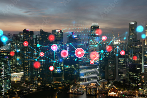 Photography Hologram of abstract technology glowing icons, panoramic cityscape of Singapore at sunset, Asia