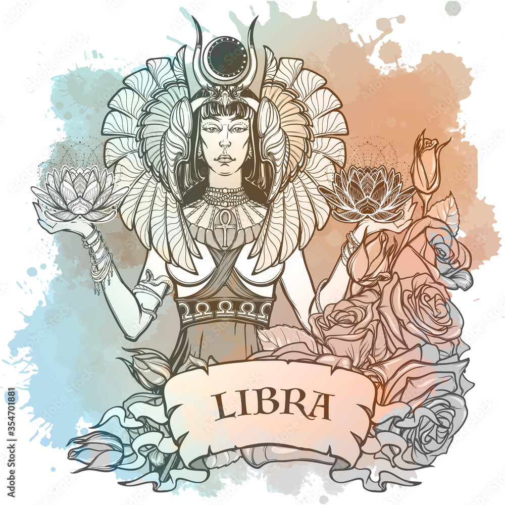 Zodiac sign of Libra, element of Air. Intricate linear drawing isolated on white background. Soft pastel celestial palette. A4 vertical format. EPS10 vector illustration.