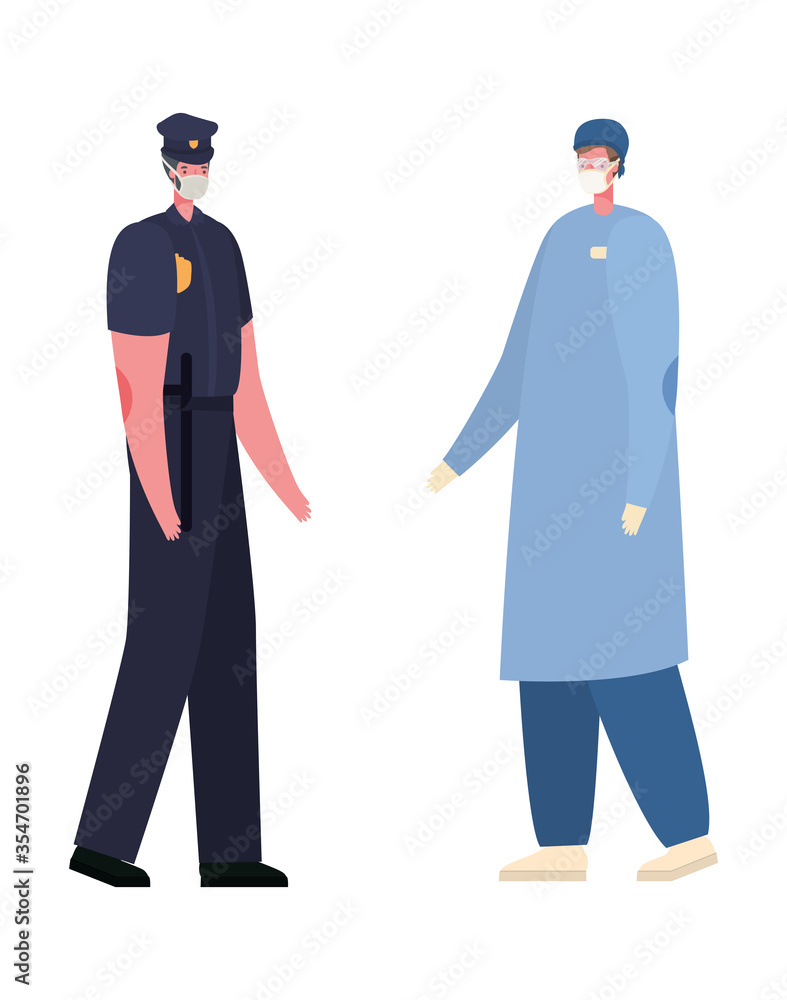 Isolated male doctor and police man with masks vector design