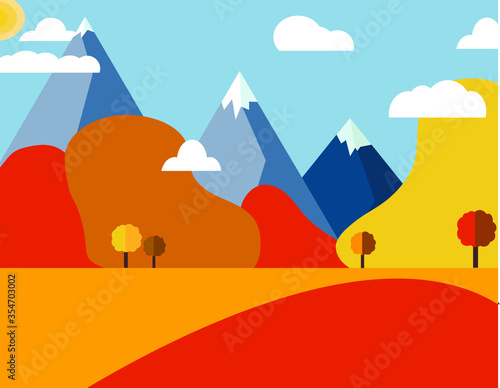 Vector autumn illustration in a flat style. Mountain landscapes with clouds and trees.