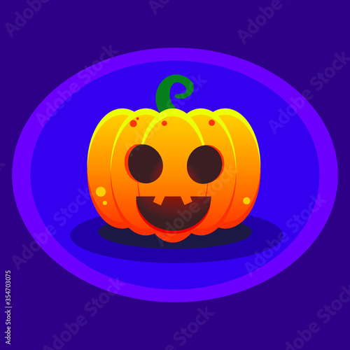 Halloween vector pumpkin on purple background. Pumpkin with open mouth and light from the inside.