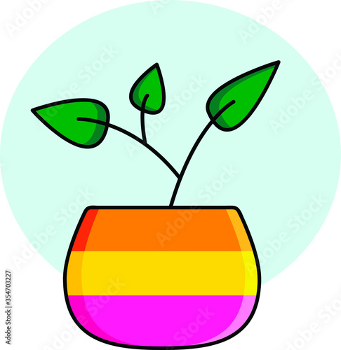 Vector illustration of a plant in a pot. A plant without flowers in a multi-colored pot on a blue background.