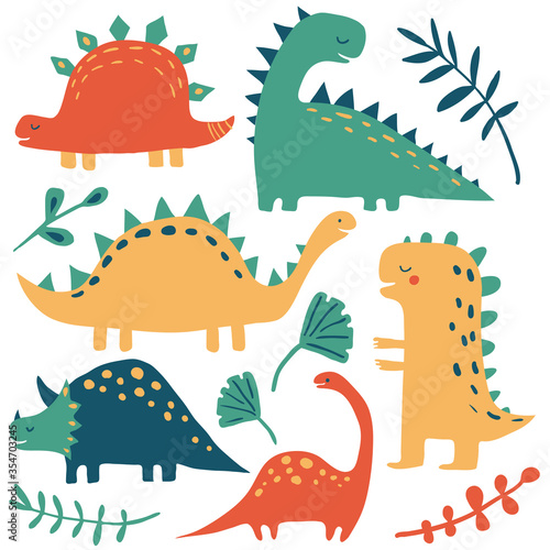 Hand drawn dinosaurs and tropical leaves. Cute funny cartoon dino collection. Hand drawn vector set for kids design. Vector illustration