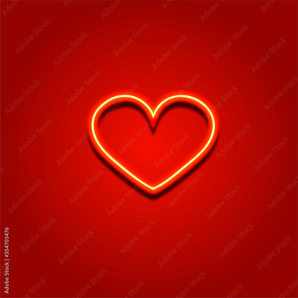 Illustration of a neon heart on a red background. Luminous heart with a shadow.