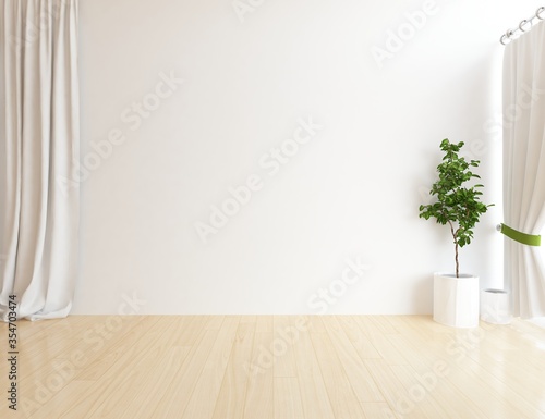 Minimalist empty room interior with vases on a wooden floor, decor on a large wall, white landscape in window. Background interior. Home nordic interior. 3D illustration