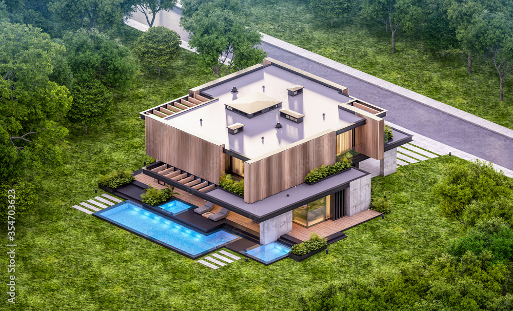 Fototapeta premium 3d rendering of modern cozy house with parking and pool for sale or rent with wood plank facade and beautiful landscaping on background. Clear summer evening with cozy light from window.