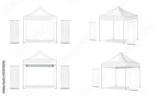 3D Mock up Realistic Tent Display POP Booth and Roll up. Banner  for Sale Marketing Promotion Exhibition Background Illustration