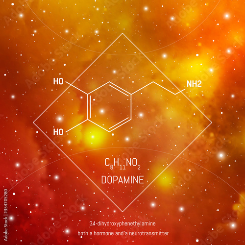Dopamine neuro transmitter molecule and formula in front of cosmis background. Brain chemistry infographic.