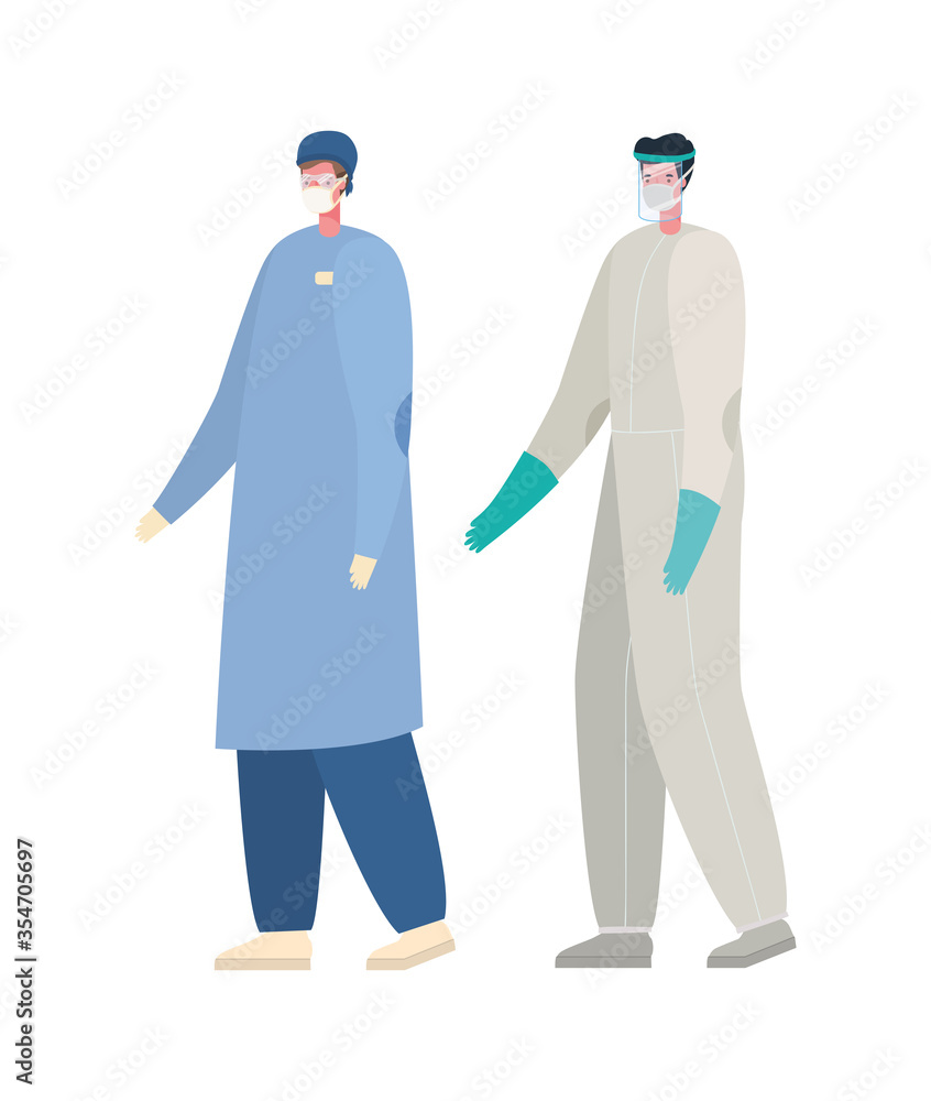 Men doctors with protective suit and mask vector design