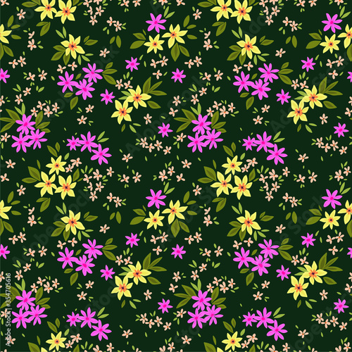 Vintage floral background. Seamless vector pattern for design and fashion prints. Flowers pattern with small yellow and pink flowers on a dark green background. Ditsy style.