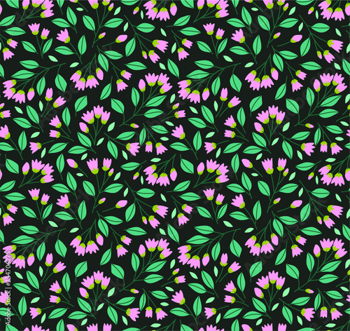 Cute floral pattern in the small flower. Ditsy print. Seamless vector texture. Elegant template for fashion prints. Printing with small pink flowers. Dark gray background.