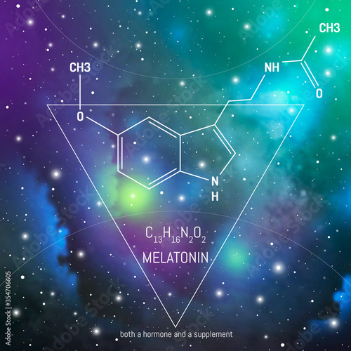 Melatonin hormone molecule and formula in front of cosmis background. Body chemistry infographic. Circadian rhythm drug.