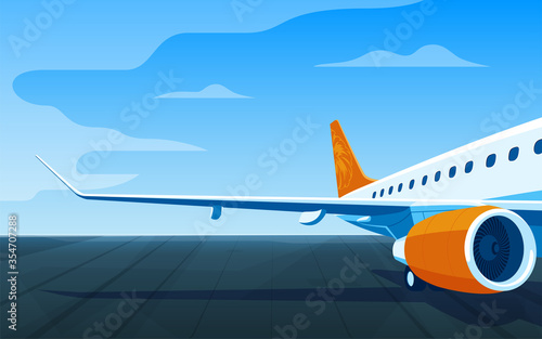 Airliner on a airfield. View of the wing and engine of a long-range passenger aircraft. Vector illustration