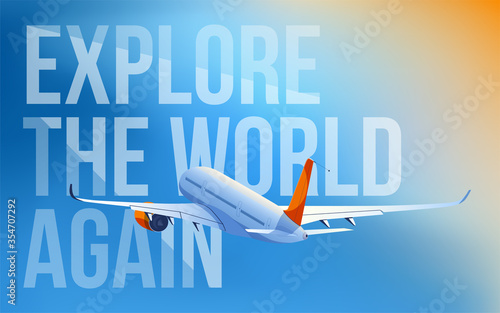 Passenger airplane taking off at sunset. Silhouette of a big passenger or cargo aircraft, airline. Vector illustration