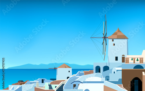 Santorini island. Greece landscape. Od town in spring or summer. Sea, mountains, windmill and houses. Vector illustration