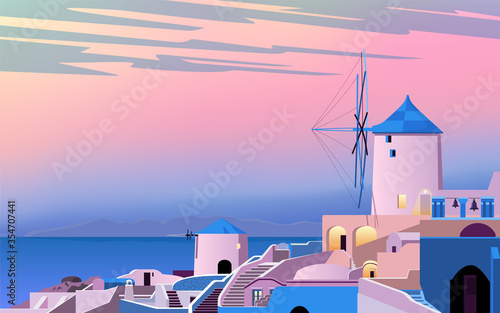 Santorini island. Greece landscape. Dawn in the old town. Sea, mountains, windmill and houses. Vector illustration