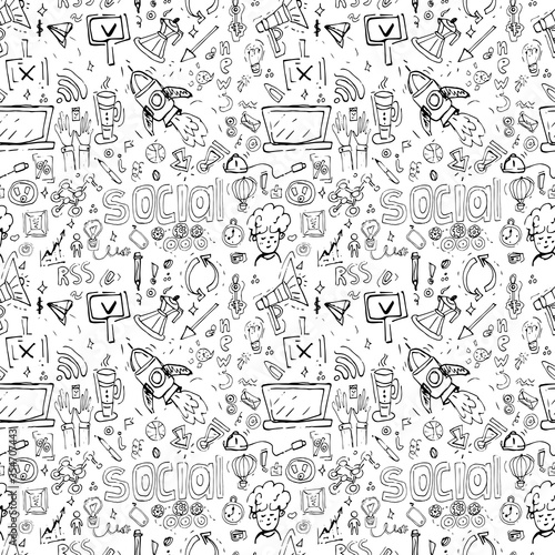 Seamless pattern of doodle element related to business and start up. Fresh sketch elements of tech company symbols and icons. Vector illustration. Design for fabric, textile, wrapping paper ets
